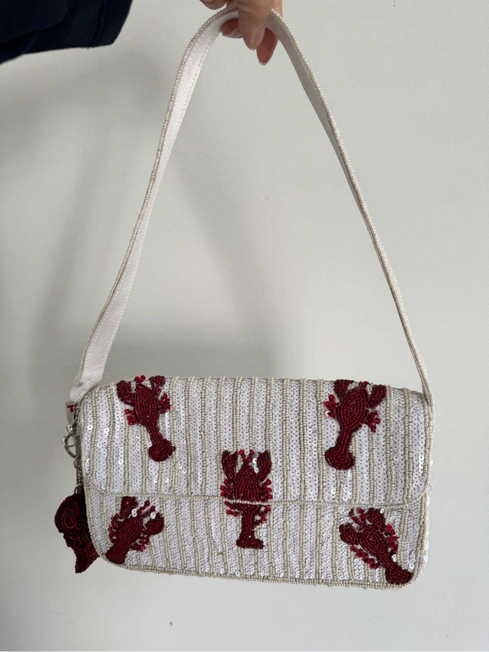 White Beaded Shoulder Bag with Red Lobster Embellishments